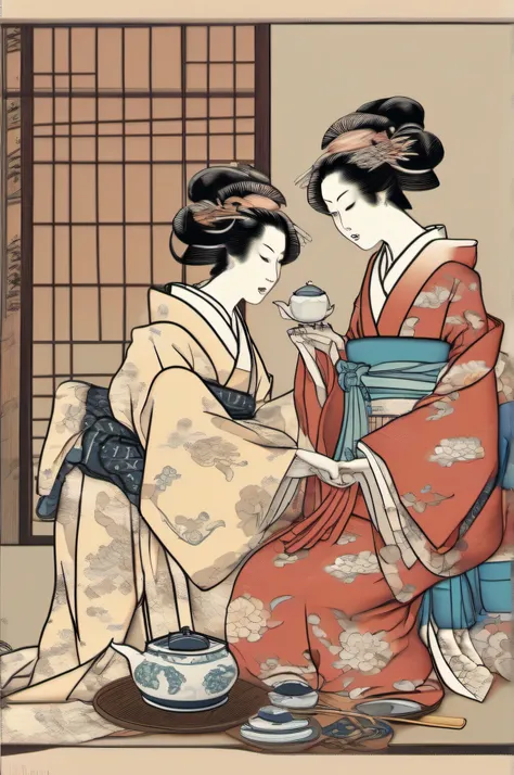 ((masterpiece), (best quality), (highly detailed)), 2 japanese courtesans, preparing tea, sitting on fine cushions, Ukiyo-e style (hair ornament:1.2), Accessory