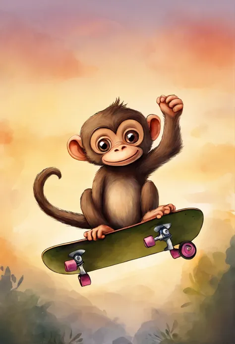 estilo estudio ghibli.  a cute little monkey on a skateboard al atardecer