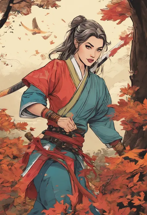 4k, Realistic, Muito Detalhe, there is a girl in a wood, Shes a Samurai, tema guerra, roupas macias, cabelos longos, usando legging, 25 anos, corpo inteiro, usando sapatos gucci