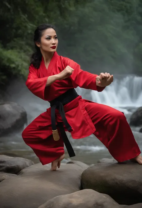 The expression is a smile. Produce a female martial artist costume designed in shades of deep red and black. Give this image a dynamic feeling of fire and wind. Next, add a combat outfit (raw legs or tights) designed to accentuate the lines of the body (mi...