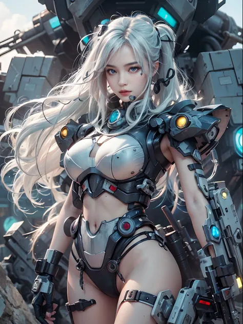 NSFW, 1girll, Cyberpunk, Mecha armor, Mechanical, (Masterpiece: 1.4), (8K, Realistic, RAW photo, Best quality: 1.4), nipple areola shape clear, , Japanese girl, Beautiful cute face, (Real face: 1.4), Perfect , Beautiful hairstyle, Realistic blue eyes, Beau...