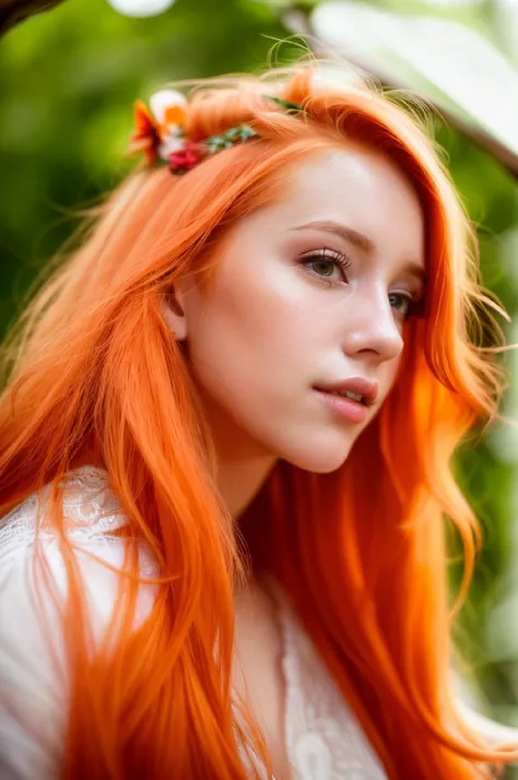 a close up of a woman with long orange hair and a flower in her hair, soft portrait shot 8 k, infp young woman, 50mm portrait, high quality portrait, photo of a beautiful woman, color photograph portrait 4k,orange haired young woman, color portrait, 60mm p...