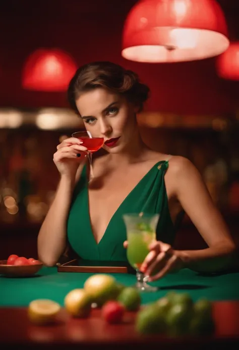 a young woman , fruit and cocktail, in the style of light red and light emerald, humorous imagery, wimmelbilder, close up,medium shot