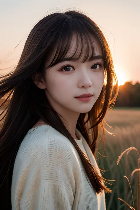 a closeup, ​masterpiece, top-quality, Raw foto, Photorealsitic、unbelievable Ridiculous, beautiful a girl, Long hair、large brests、A slight smil、Hair fluttering in the wind、look up sky、The sun is dazzling, So I raise my hand and squint、grass field、depth of f...