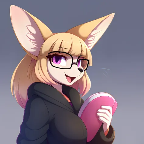 (solo:1.3), adult, glasses, (anthro, furry female, white fennec fox), (medium hair, peach blonde hair, pink streaks, bangs), purple eyes, (motherly, silly), (cute, adorable), (black coat, grey pants, sneakers), (by r-mk:1.30),  (really thin simple black ey...