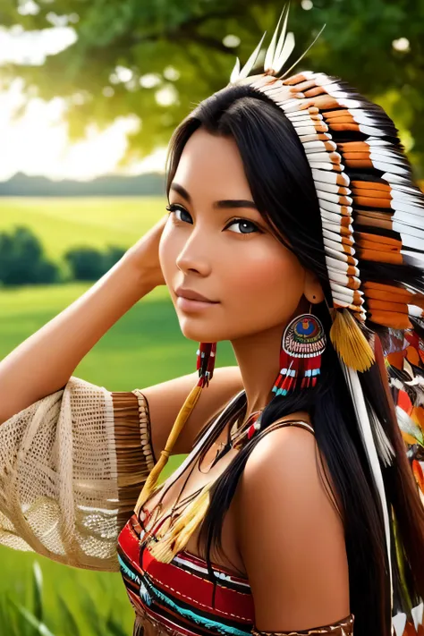 Very beautiful indigenous woman looks like pocahontas in the countryside with a very sunny day