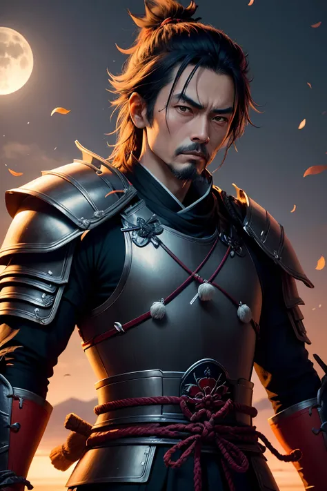 Miyamoto Musashi, em uma fotografia ultra-realista, is captured head-on, with a serious, determined expression on his face. Hes in the foreground, destacando-se nitidamente contra um fundo de uma floresta de bambus. The full moon shines brightly in the nig...