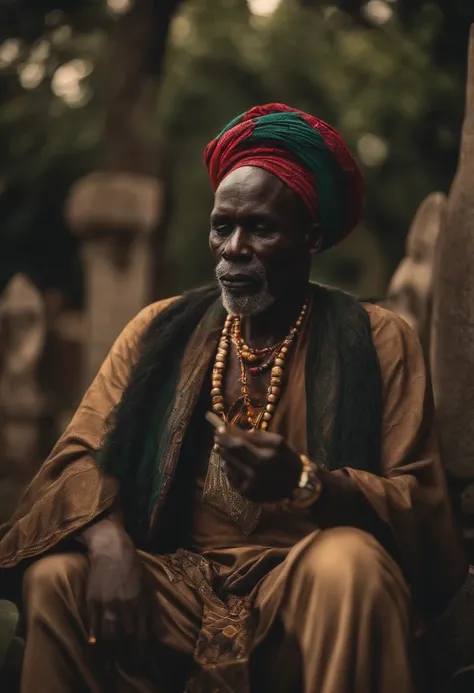 African Orisha Cemetery ,with his skull in his hand and smoking a cigar from the Yoruba tribe