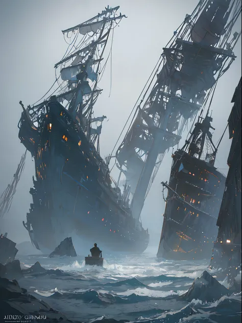 (Deep blue sea:1.5)，(//Dilapidated ghost ship:1.3//)+(A huge ship sank to the bottom of the sea：1.3)，icy，Green seaweed。Cold and lonely，solitude，darkly，Wreckage of the shipwreck,(((from below looking up)))、Alafed ship on ice and the man standing in front of...