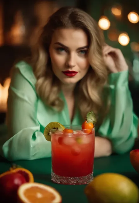 a young woman , fruit and cocktail, in the style of light red and light emerald, humorous imagery, wimmelbilder, close up,medium shot