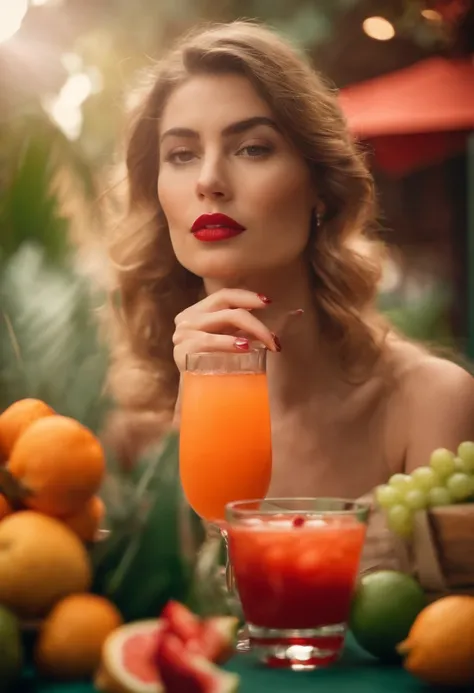 a young woman , fruit and cocktail, in the style of light red and light emerald, humorous imagery, wimmelbilder, close up,medium shot