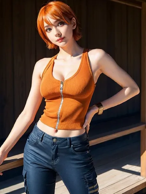 A woman with short orange hair, vibrant personality, stylish outfit, confident stance, fashionable accessories, dreamy background, artistic medium, detailed brushstrokes, vibrant colors, high-quality illustration, photo-realistic rendering, attention to de...