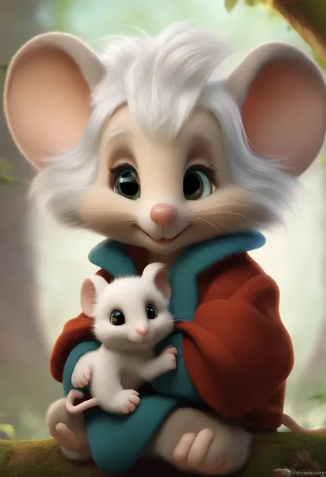 Little mouse，adolable，shaggy，Cartoony，White hair。