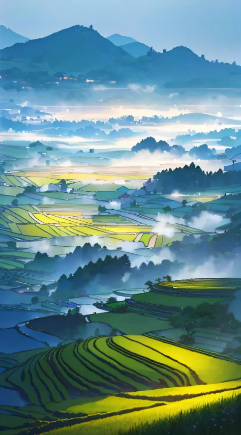 large terraces，moutain terrain，lodge，there are rice paddies，rice fields，there are neat rice seedlings in the field，foggy rain，vi...