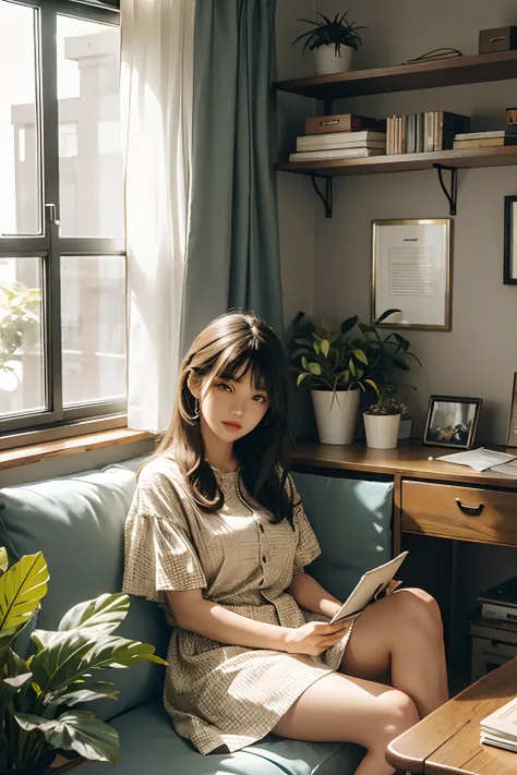 Living room, sofe, window, Curtains, Dappled sunlight, potted plant, Table, locker,bookshelf, Paper, table light, typewriter, Girl sitting on sofa