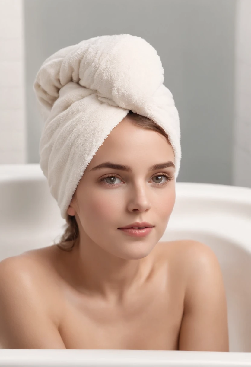 Woman and child in the bath，towel on head, beauty shot, true realistic image, bottom angles, Morning glow, a warm color palette, product introduction photos, SleekDesign, advertising photograph, author：Thomas Hefner, Innovative product ideas, premium bathr...