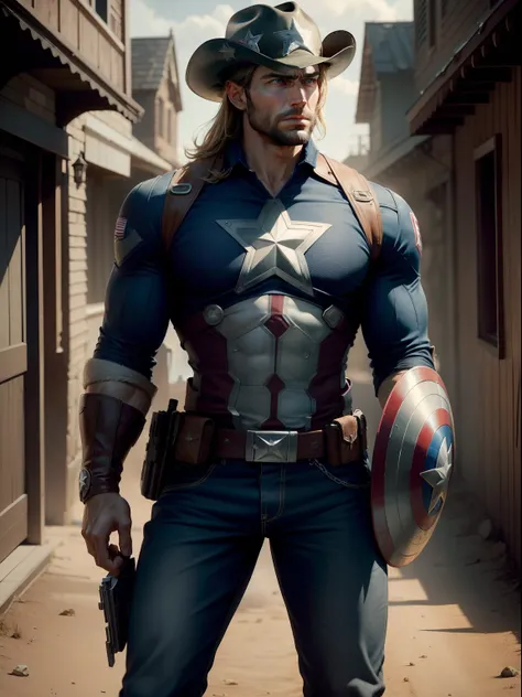 A Dramatic captain America as a cowboy wearing Cowboys clothes, Cowboys hat and bring a pistol, cinematic, extreem realistic, extreem detailed, extreem Sharp, full body shot