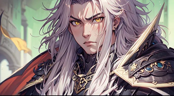 1 Boy, Xin From Kingdom Anime, Armored With Pure Black Warlord Armor With A Cape, Ultra High Definition, 8k, Handsome, Black And Yellow Pupil Eyes, Long White Hair, Ancient Kingdom Background, Extremely Detailed,