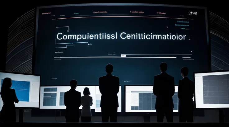 A group of scientists standing in front of a computer screen, looking at a complex mathematical equation.