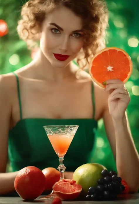 a young woman , fruit and cocktail, in the style of light red and light emerald, humorous imagery, wimmelbilder, close up,upper body