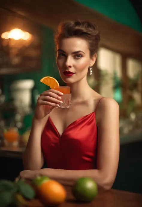 a young woman , fruit and cocktail, in the style of light red and light emerald, humorous imagery, wimmelbilder, close up,upper body