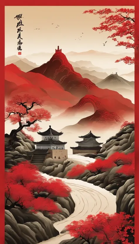 Chinese traditional landscape painting，National Day poster，the great wall，Red flag，Dove，Paper creation，3D立体渲染，fundo vermelho，4K分辨率，Simple and natural composition，:white background,Fresh and unearthly style。(:nature:)Three-dimensional feeling，