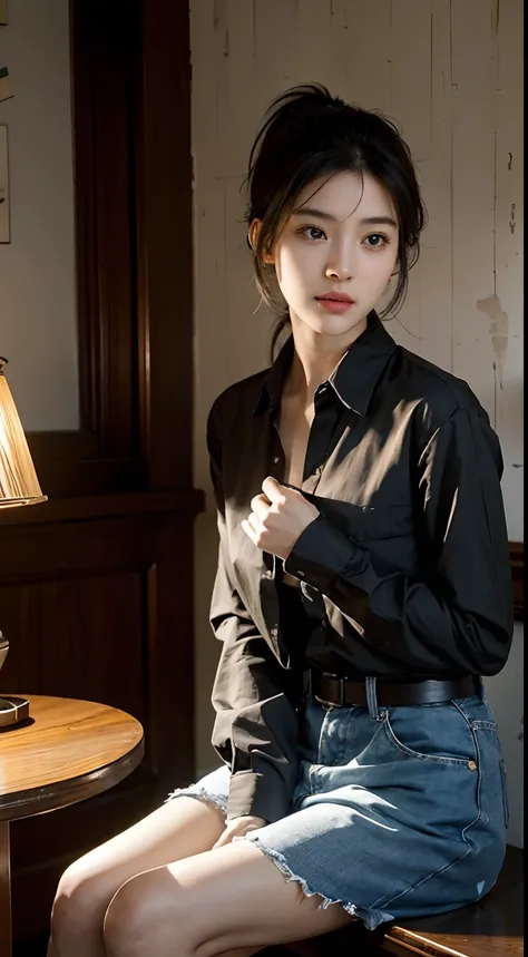 20 years old woman, Black hair, short ponytail, Thin frame, Thinking faces, (Wear an open-button shirt,Middle chest with division), Sitting, studying, break, Put your hands on the table,, Holding a pencil, The Book Unfolded, books, A glass of milk, Table L...