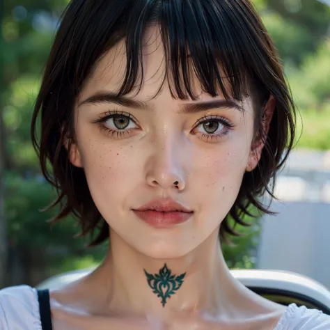 ((best quality)), ((masterpiece)), ((realistic)), (detailed), (1 girl) woman, arm tattoo, portrait, asymmetrical bangs, short hair, bangs, freckles, green eyes, looking at viewer, neck tattoo, nose piercing, blonde hair, solo, upper body, detailed backgrou...