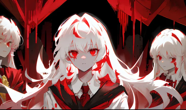 Long white hair，Red eyes，Boy student，blood stain，severed heads，Vignetting