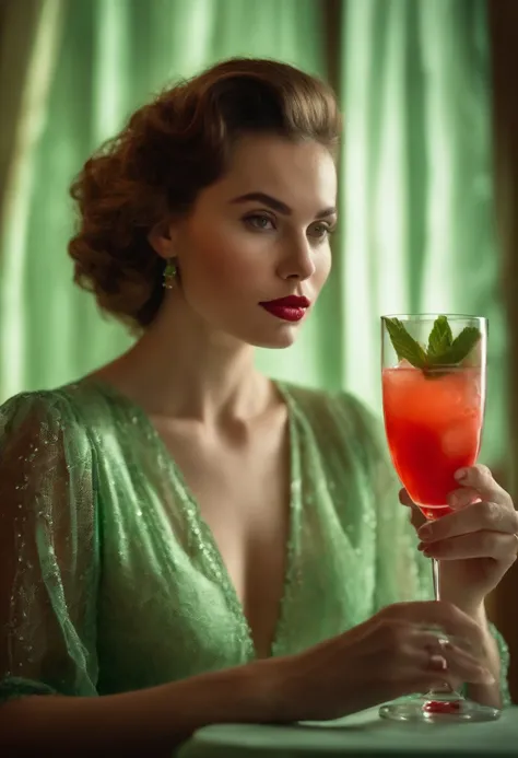 a young woman ,fruit and cocktail, in the style of light red and light emerald, humorous imagery, wimmelbilder, close up,no hands,upper body