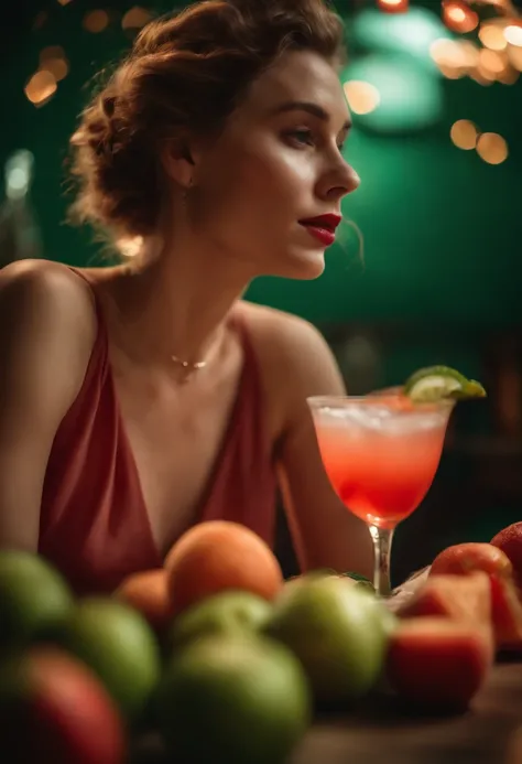 a young woman ,fruit and cocktail, in the style of light red and light emerald, humorous imagery, wimmelbilder, close up,no hands,upper body