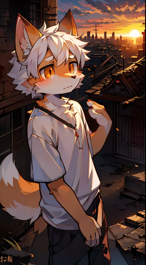 furry,fur,body fur,solo,male,(Sad face),((sunrise,horizon,abandon city far away)),short sleeves,character focus,face focus,white shirt,white hair, orange fur,orange eyes,BREAK,aoeu