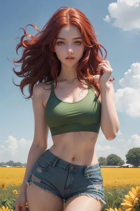 Teenage Girl with Long Curly Red Hair, Green Eyes, Light Makeup, Wearing jean shorts and sports bra, Posing in a Sunny Flower Field, Soft Lens, Photorealistic Portrait, beautiful girl, wide hips, slim figure