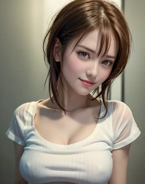 Top quality, ultra high resolution, (photorealistic: 1.4), beautiful eyes, super beautiful, short hair, beautiful breasts, lover, t-shirt with rough chest, eyes inviting viewer, lovers eyes, inviting facial expressions, sexy smile, perfect style, perfect b...