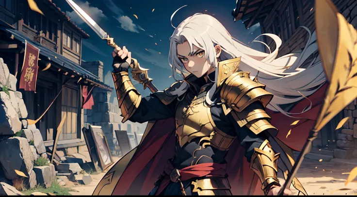 1 Boy, Xin From Kingdom Anime, Armored With Pure Black Warlord Armor With A Cape, Ultra High Definition, 8k, Handsome, Black And Yellow Pupil Eyes, Long White Hair, Ancient Kingdom Background, Extremely Detailed, Holding A Long Spear, Body To Leg Body Shot...