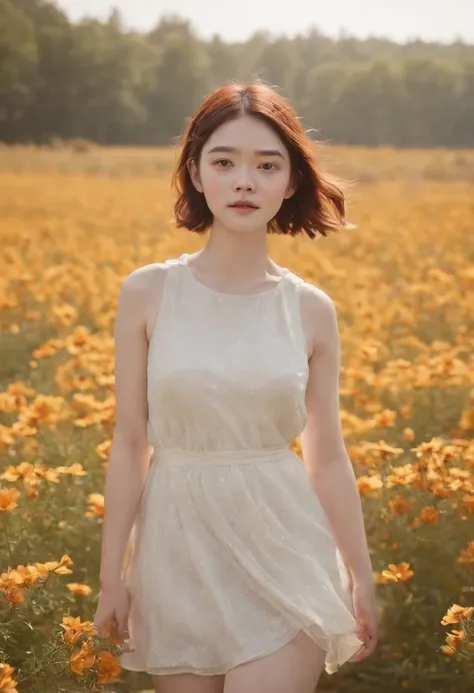 Very short hairstyle,Little fat girl,Cosmos Field,(((Cosmos blooms profusely))),(((cosmos))),Autumn sunshine pouring down from behind、The atmosphere of Elle Fanning,tiarra,cotton dress,(((thighs thighs thighs thighs))),bare-legged,white  hair,Curly,angry l...