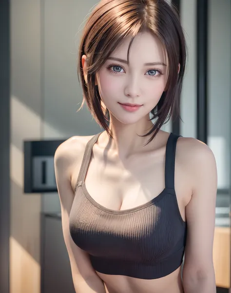 Top quality, ultra high resolution, (photorealistic: 1.4), beautiful eyes, super beautiful, short hair, beautiful breasts, lover, t-shirt with rough chest, eyes inviting viewer, lovers eyes, inviting facial expressions, sexy smile, perfect style, perfect b...