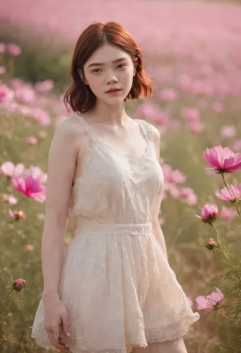 Very short hairstyle,Little fat girl,Cosmos Field,(((Cosmos blooms profusely))),(((cosmos))),Autumn sunshine pouring down from behind、The atmosphere of Elle Fanning,tiarra,cotton dress,(((thighs thighs thighs thighs))),bare-legged,white  hair,Curly,angry l...