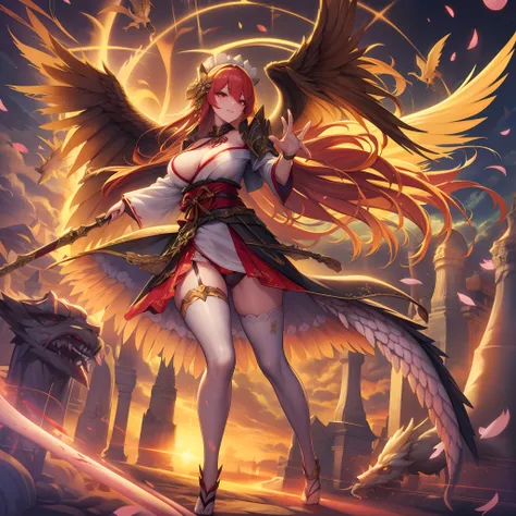 1girl in、nightcity、Sateen、Kimono without sleeves、A dark-haired、Holding a weapon with blood on it、Looking at the camera、Cherry blossoms are dancing，Unusually resistant、red blush、Looks distressed、Pleasant face、shrine maiden、valkyrie、Angel wings、a navel、sideb...