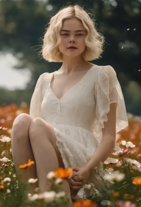 Very short hairstyle,Little fat girl,Cosmos Field,(((Cosmos blooms profusely))),(((cosmos))),Autumn sunshine pouring down from behind、The atmosphere of Elle Fanning,tiarra,cotton dress,(((thighs thighs thighs thighs))),bare-legged,white  hair,Curly,angry l...