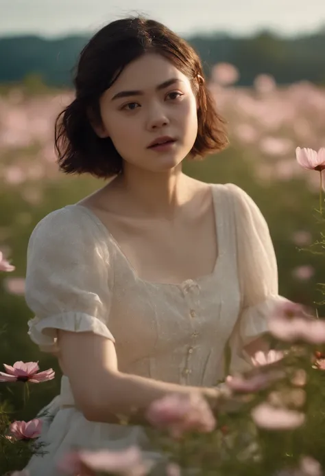 Very short hairstyle,Little fat girl,Cosmos Field,(((Cosmos blooms profusely))),(((cosmos))),Autumn sunshine pouring down from behind、The atmosphere of Elle Fanning,tiarra,cotton dress,(((thighs thighs thighs thighs))),bare-legged,white  hair,Curly,angry l...