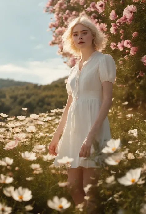 Very short hairstyle,Little fat girl,Cosmos Field,(((Cosmos blooms profusely))),(((cosmos))),Autumn sunshine pouring down from behind、The atmosphere of Elle Fanning,tiarra,cotton dress,(((thighs thighs thighs thighs))),bare-legged,white  hair,Curly,angry l...