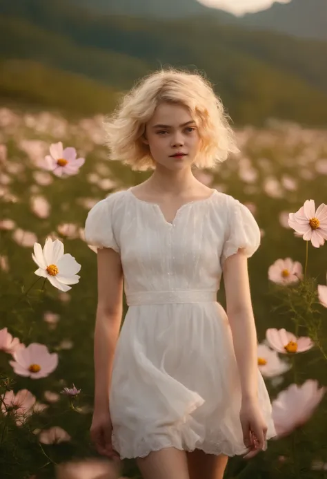 Very short hairstyle,Little fat girl,Cosmos Field,(((Cosmos blooms profusely))),(((cosmos))),Autumn sunshine pouring down from behind、The atmosphere of Elle Fanning,tiarra,cotton dress,(((thighs thighs thighs thighs))),bare-legged,white  hair,Curly,angry l...