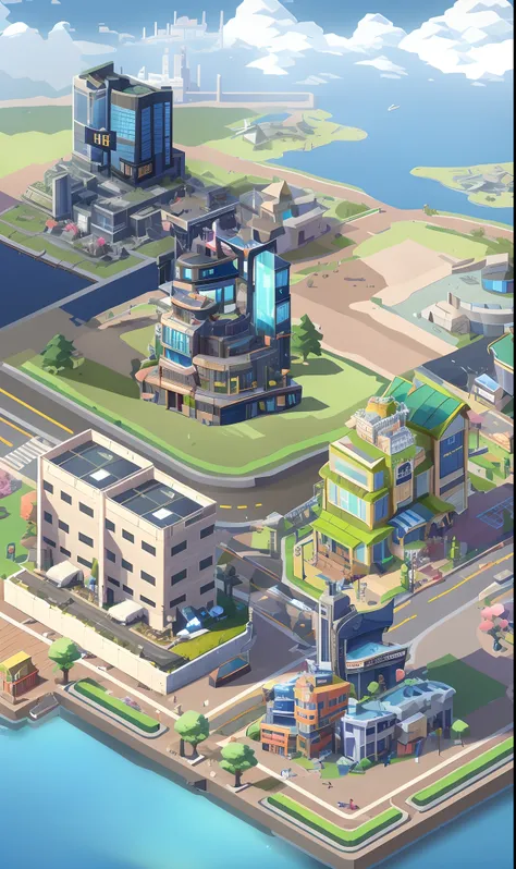 The city of Arafeld with the River Bridge Bridge, isometric game art, isometric 8k, ultra - detailed!, super detailed color lowpoly art, tokyo - esque town, incredible isometric screenshot, Isometric art, anime style cityscape, prerendered isometric graphi...