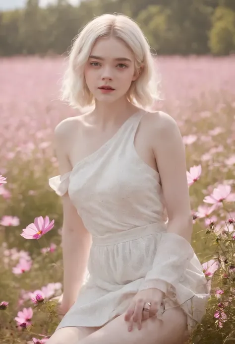 Very short hairstyle,Little fat girl,Cosmos Field,(((Cosmos blooms profusely))),(((cosmos))),Autumn sunshine pouring down from behind、The atmosphere of Elle Fanning,tiarra,cotton dress,(((thighs thighs thighs thighs))),bare-legged,white  hair,Curly,angry l...