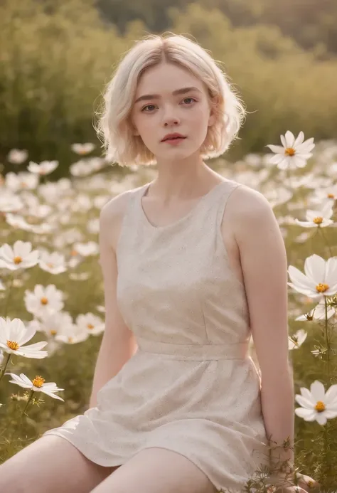 Very short hairstyle,Little fat girl,Cosmos Field,(((Cosmos blooms profusely))),(((cosmos))),Autumn sunshine pouring down from behind、The atmosphere of Elle Fanning,tiarra,cotton dress,(((thighs thighs thighs thighs))),bare-legged,white  hair,Curly,angry l...