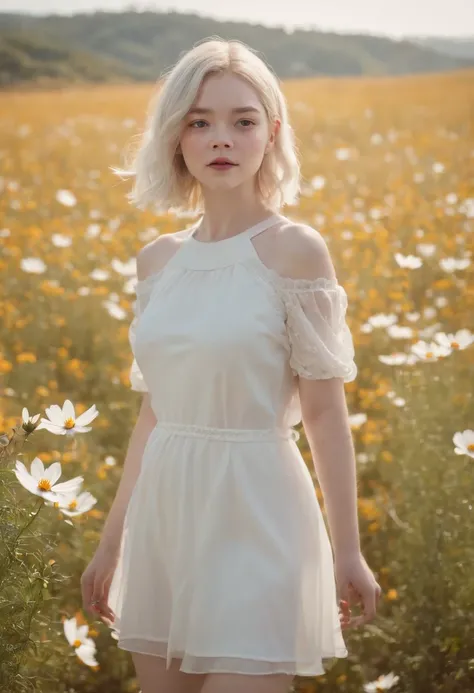 Very short hairstyle,Little fat girl,Cosmos Field,(((Cosmos blooms profusely))),(((cosmos))),Autumn sunshine pouring down from behind、The atmosphere of Elle Fanning,tiarra,cotton dress,(((thighs thighs thighs thighs))),bare-legged,white  hair,Curly,angry l...