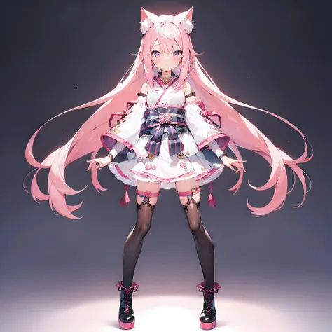 Cute girl with cat ears、Japan anime style、Moe、Full body painting、Standing Picture、Authentic and highly detailed body、小柄、girl with、childish、10yaers old、length hair、bangss、A pink-haired、Authentic and highly detailed face、beautiful eyes that are authentic and...