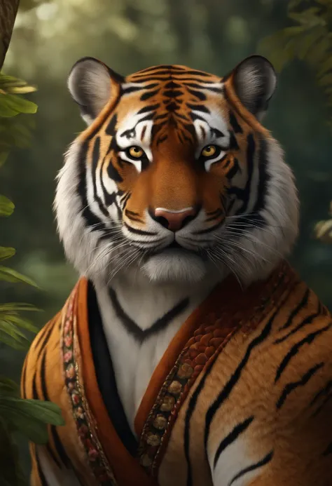 anthro (tiger), male, adult, muscular, kimono, (realistic fur, detailed fur texture:1.2), detailed background, wilderness background, photorealistic, hyper realistic, ultra detailed,