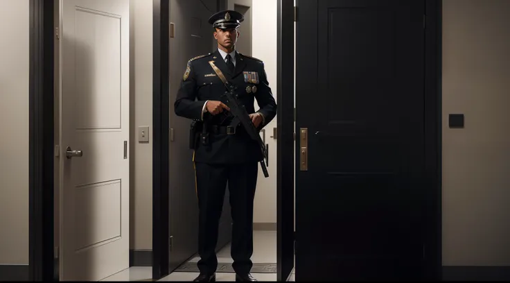 In a high-security facility, a stern security guard takes his post in front of a heavily fortified door labeled Top Secret. The guard stands tall and proud, exuding an aura of unwavering vigilance and protection. Dressed in a crisp uniform, his eyes scan t...